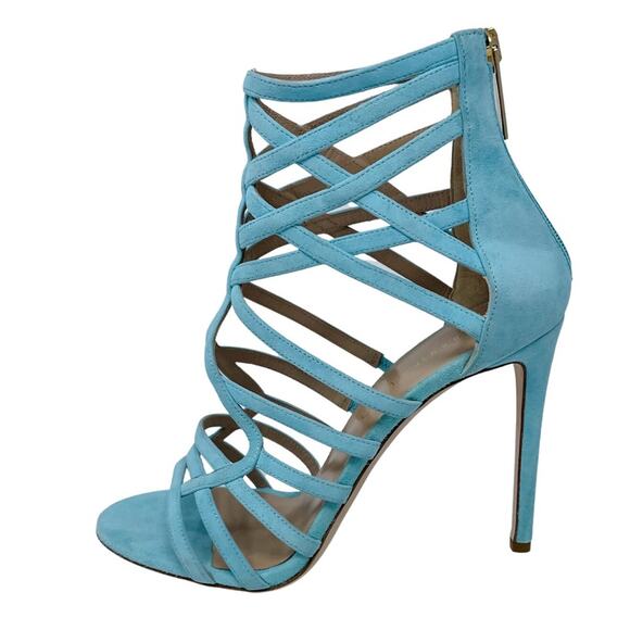 Tamara Mellon Shoes - Tamara Mellon aqua/turquoise suede cage strap stiletto sandals size 37.5 US7-7.5